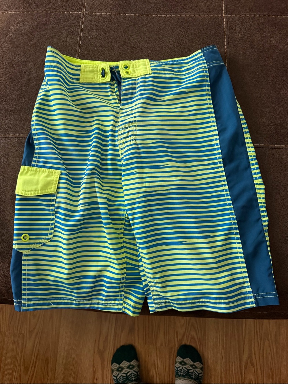 Puma Neon Yellow and Blue Striped Kids Swim Trunks